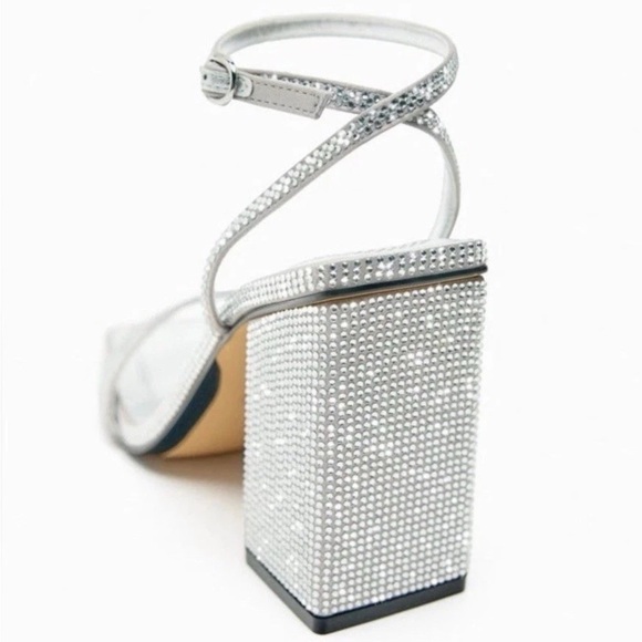 Zara Women’s Silver Sparkle Rhinestone Block Heeled Sandals Sz 9 NWT - Picture 5 of 13